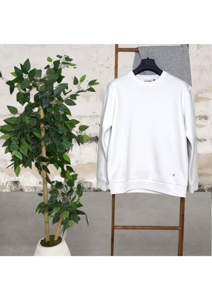 Unisex Beyaz Bisiklet Yaka Oversize Şardonlu Basic Sweatshirt