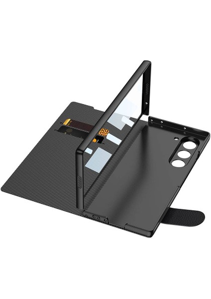 Galaxy Z Fold 6 Kılıf Karbon Fiber Tasarımlı Magnetik Tokalı Kartlıklı Zore Kıpta Zegna Kapak-Siyah- modelleri