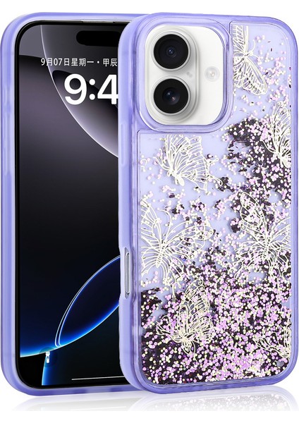 iPhone 16 Uyumlu Kılıf Sıvılı Simli Kelebek Baskılı Şeffaf Arka Yüzey Zore Glis Silikon Kapak-Mor-86