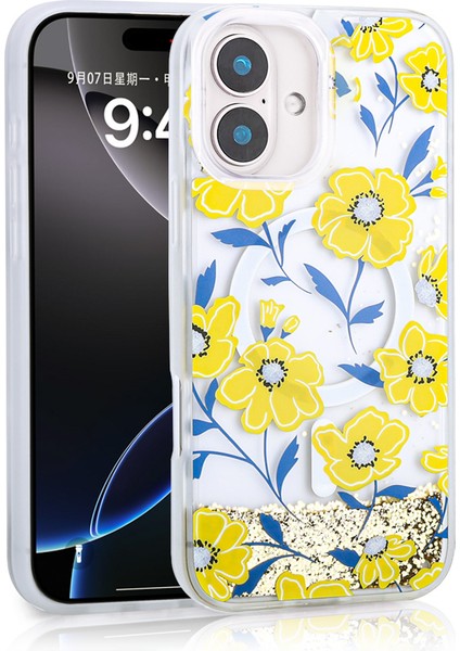 iPhone 16 Uyumlu Kılıf Sıvılı Simli Baskılı Şeffaf Arka Yüzey Zore Mossa Silikon KAPAK-SARI-86804368