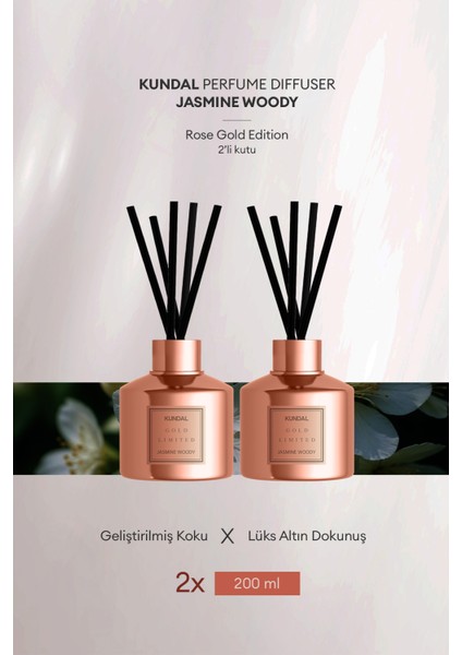 Parfüm Difüzörü Seçkin Seri KUNDAL Perfume Diffuser Rose Gold Edition 200ml 2 Adet (Jasmine Woody)