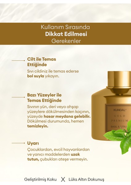 Parfüm Difüzörü Seçkin Gold Seri KUNDAL Perfume Diffuser Gold Edition 200ml 2 Adet (Basil & Citrus)