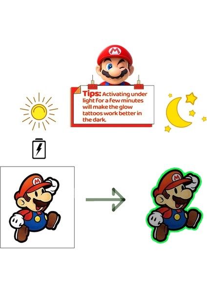 Stil 6 Süper Mary Aydınlık Dövmeler Çıkartmalar Su Geçirmez Sevimli Mario Etiket Karikatür Figürü Cosplay Sahne Parti Dekorasyon Çocuk Hediyeler Oyuncaklar (Yurt Dışından) fırsatları