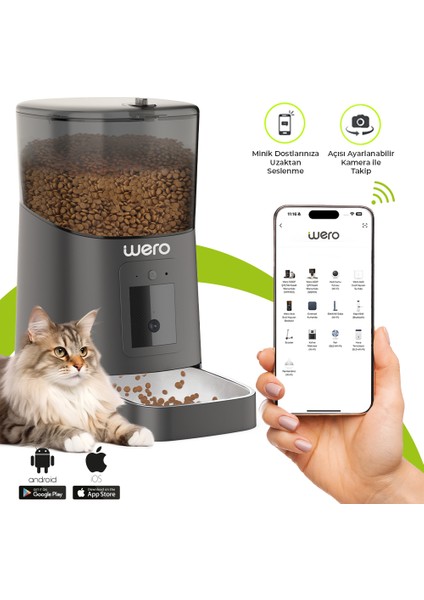 Akıllı Kedi/Köpek Mama Kabı Pro (Geliştirilmiş 2025 versiyon) 1080p Ayarlanabilir Kamera, 6 Lt, Wifi Kontrol, Pet Feeder, Metal Kase