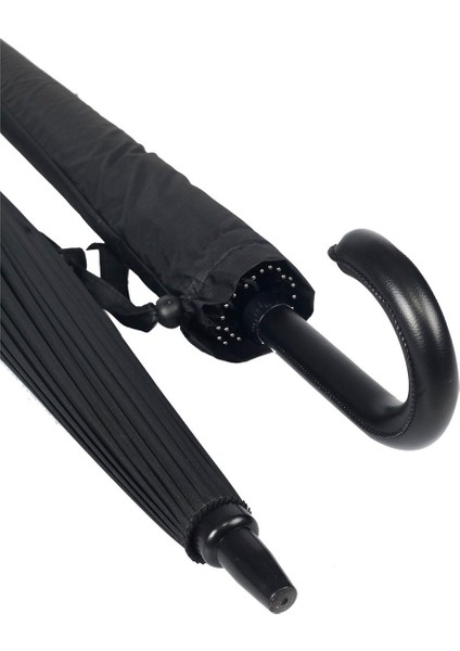 Siyahdesenli Baston 24 Fiber Tel Hakiki Deri Saplı Premium Protokol Şemsiye M21MAR1024R002