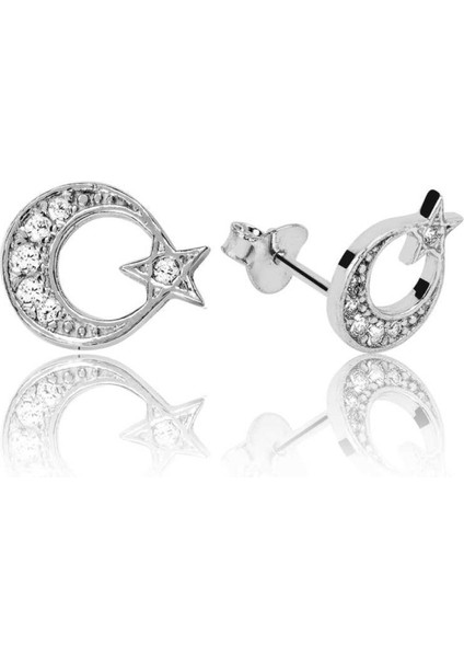 Gümüş Ay Yıldız Çivili Küpe CSR2182474