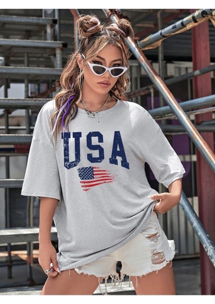 Kadın / Kız Usa Amerika Baskılı Füme Oversize T-Shirt Salaş Boyfirend