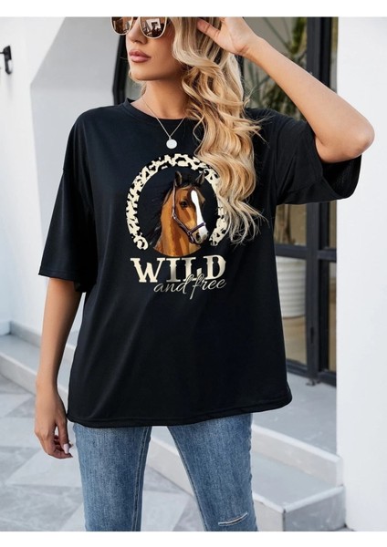 Kadın / Kız Siyah Oversize T-Shirt Wild Baskılı fiyatları