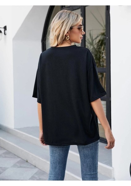 Kadın / Kız Siyah Oversize T-Shirt Wild Baskılı modelleri