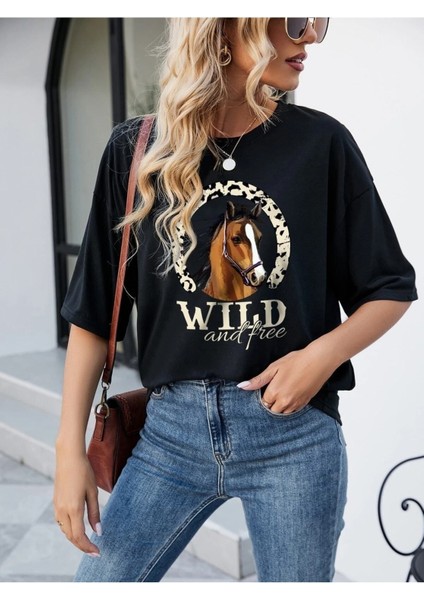 Kadın / Kız Siyah Oversize T-Shirt Wild Baskılı fırsatları