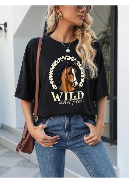 Kadın / Kız Siyah Oversize T-Shirt Wild Baskılı indirimleri
