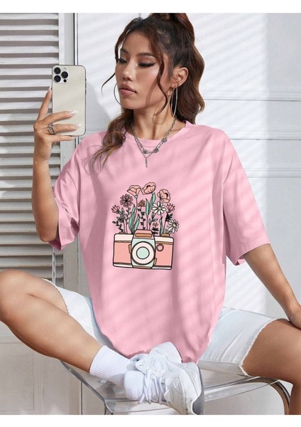 Kadın / Kız Fotoğraf Makinası Baskılı Oversize T-Shirt Salaş Boyfirend