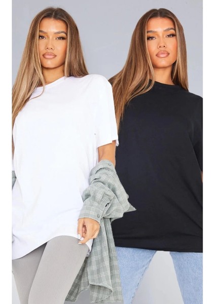Kadın / Kız Siyah ve Beyaz 2 Adet Oversize T-Shirt