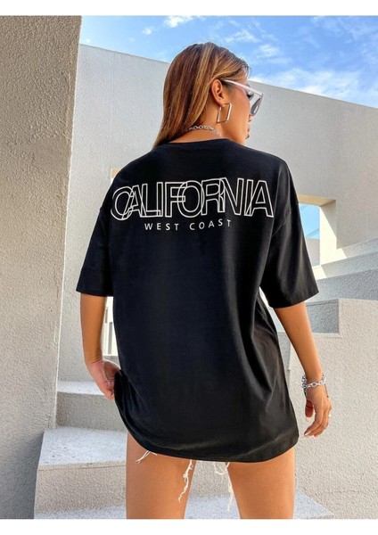 Kadın / Kız Siyah West Coast Baskılı Oversize T-Shirt Salaş Boyfirend