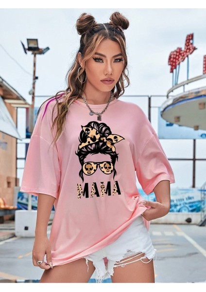 Kadın / Kız Mama Leopar Baskılı Oversize T-Shirt Salaş Boyfirend