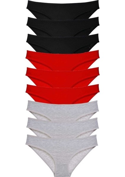 9 Adet Süper Eko Set Likralı Kadın Slip Külot Siyah Kırmızı Gri