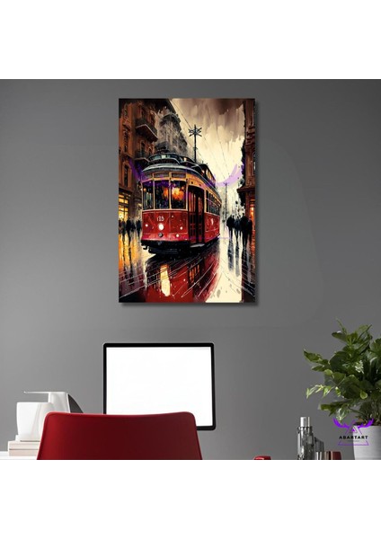 Tekli Dikey Kanvas Soyut Çizim Istiklal Caddesi Kırmızı Tramvay Tablosu