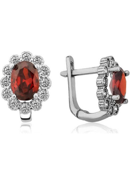 Gümüş Kırmızı Çiçek Desenli J Kadın Küpe CSR2183053