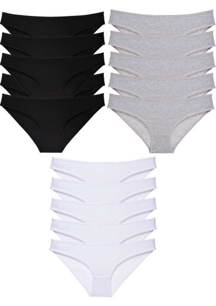 15 Adet Süper Eko Set Likralı Kadın Slip Külot Siyah Gri Beyaz