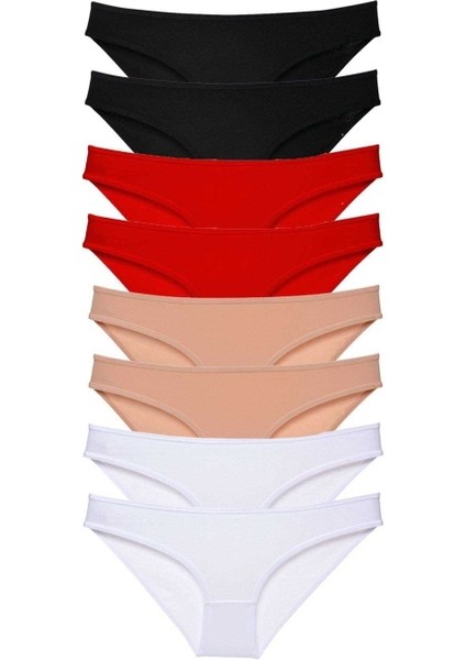 8 Adet Süper Eko Set Likralı Kadın Slip Külot Siyah Kırmızı Ten Beyaz