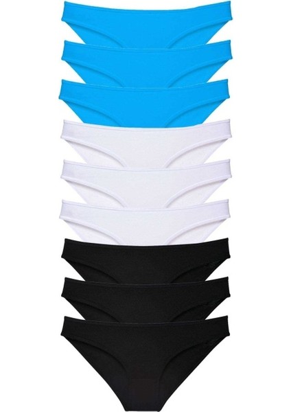 9 Adet Süper Eko Set Likralı Kadın Slip Külot Siyah Beyaz Mavi