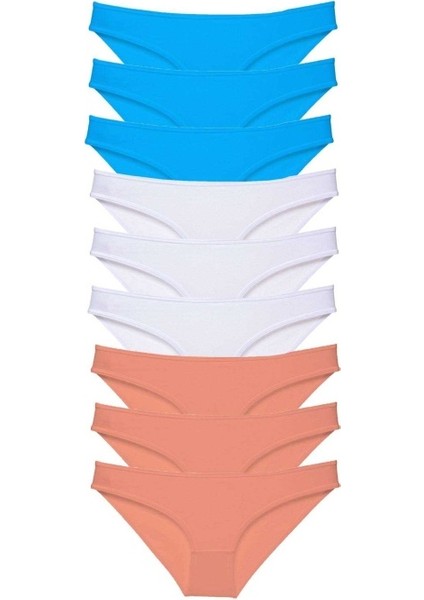 9 Adet Süper Eko Set Likralı Kadın Slip Külot Pudra Beyaz Mavi