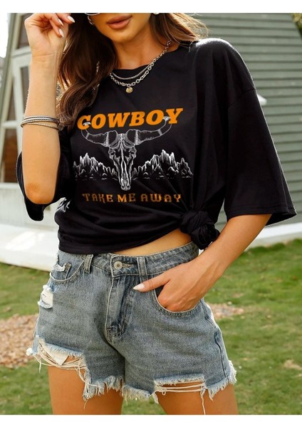 Kadın / Kız Siyah Oversize T-Shirt Take Me A Way Baskılı