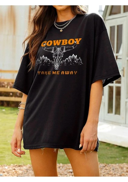 Kadın / Kız Siyah Oversize T-Shirt Take Me A Way Baskılı fırsatları