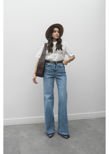Mavi Paça Detaylı Wide Leg Jean