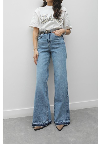 Mavi Paça Detaylı Wide Leg Jean