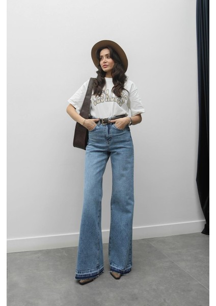 Mavi Paça Detaylı Wide Leg Jean