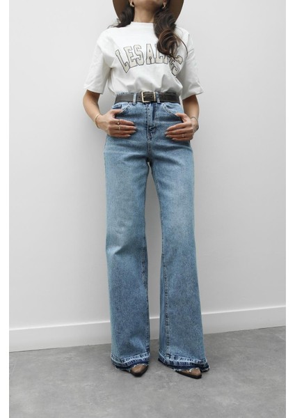Mavi Paça Detaylı Wide Leg Jean