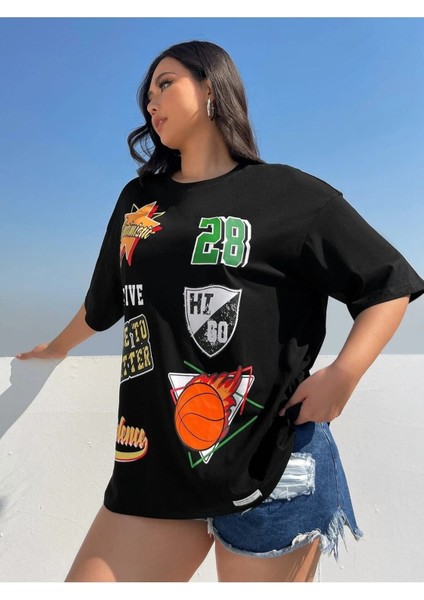 Kadın / Kız Siyah Oversize T-Shirt Rozet Baskılı