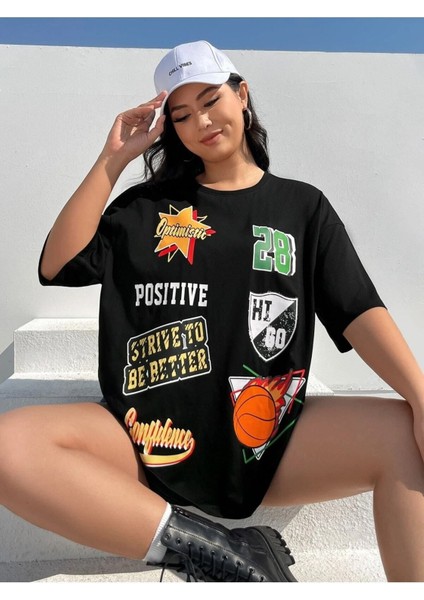 Kadın / Kız Siyah Oversize T-Shirt Rozet Baskılı