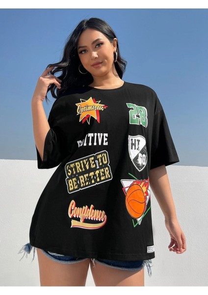 Kadın / Kız Siyah Oversize T-Shirt Rozet Baskılı