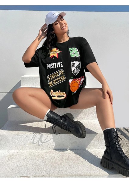 Kadın / Kız Siyah Oversize T-Shirt Rozet Baskılı