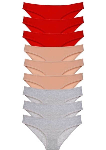 9 Adet Süper Eko Set Likralı Kadın Slip Külot Kırmızı Ten Gri