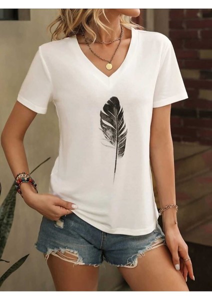 Kadın / Kız V Yaka Tüy Desen Baskılı Beyaz Oversize T-Shirt Salaş Boyfirend