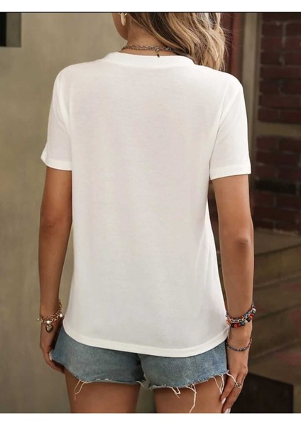 Kadın / Kız V Yaka Tüy Desen Baskılı Beyaz Oversize T-Shirt Salaş Boyfirend fiyatları