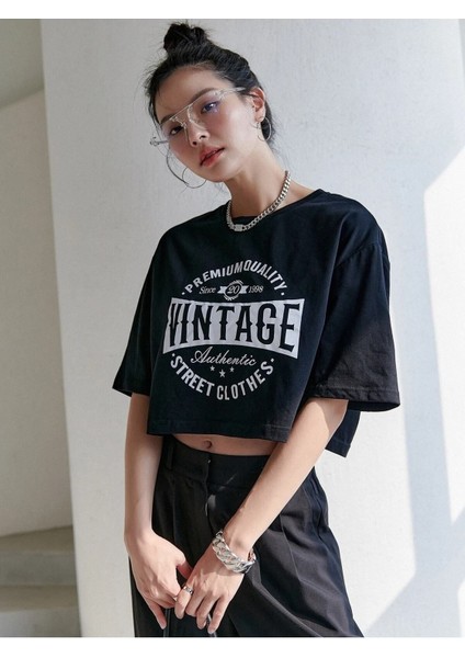 Kadın / Kız Crop Vıntage Baskılı