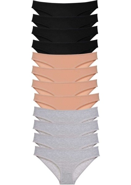 12 Adet Süper Eko Set Likralı Kadın Slip Külot Siyah Ten Gri