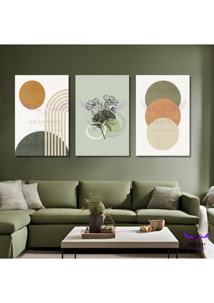 3'lü Kanvas Tablo Seti Modern Soyut Yeşil Çiçek ve Yuvarlak Desenler