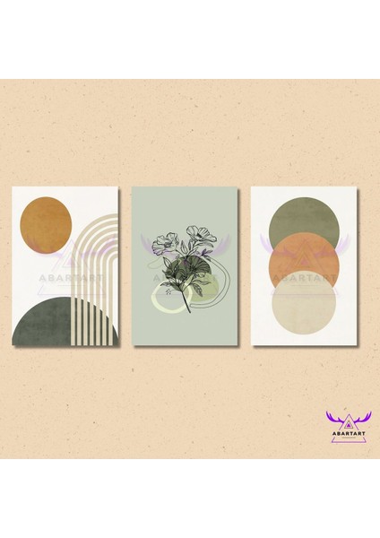 3'lü Kanvas Tablo Seti Modern Soyut Yeşil Çiçek ve Yuvarlak Desenler