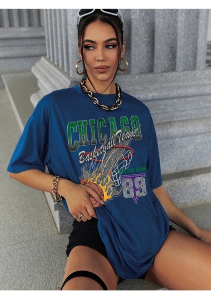 Kadın / Kız Saks Oversize T-Shirt Chıcago Baskılı fırsatları