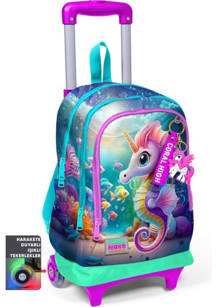 Kids Mavi Su Yeşili Denizatı Desenli Üç Bölmeli Çekçekli Okul Sırt Çantası 23972