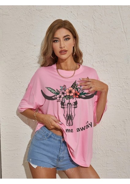 Take Me Away Pembe Oversize Salas Boyfriend Kadın / Kız T-Shirt Top Bluz