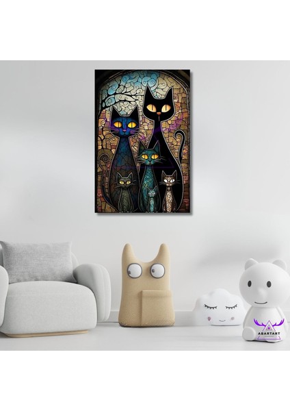 Tekli Dikey Kanvas Soyut Duvar Tablosu Siyah Kediler
