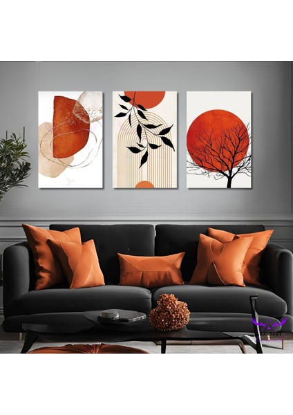 3'lü Kanvas Tablo Seti Modern Soyut Çizim Ağaç ve Desenli Yapraklar