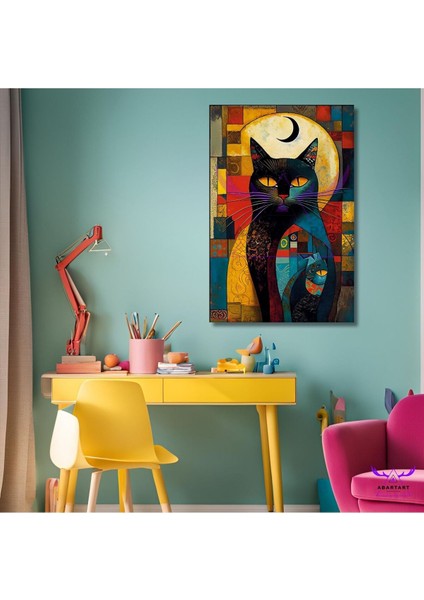 Tekli Dikey Kanvas Şık Salon ve Ofis Tablosu Renkli Kareler ve Desenler Içinde Kedi Görseli