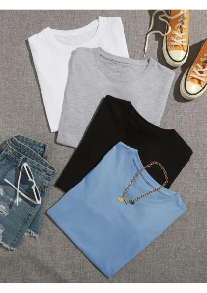 Unisex 4'lü Paket Siyah-Beyaz-Gri-Bebe Mavisi Düz Oversize Bisiklet Yaka Salaş Tshirt